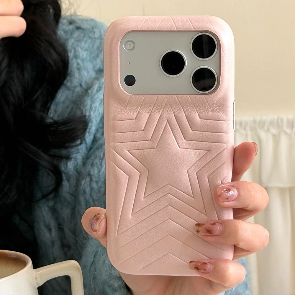 【スターエンボス】立体スター 星柄  型押しステッチ レザー調 スマホケース｜iPhone対応 #240615
