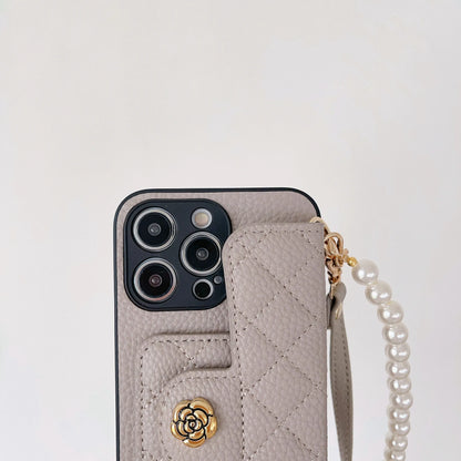 【キルティングミニウォレット風】パール付きショルダーケース｜iPhone対応 #250714