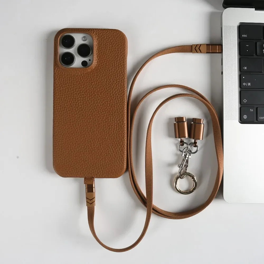 【本革シリーズ】名入れカスタム ロングストラップ付き レザー スマホケース｜ iPhoneケース #241011