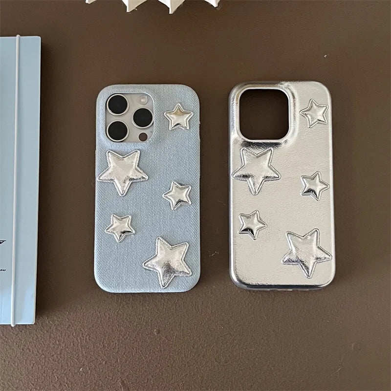 【スターシルバー】メタリック 星柄 × デニムスマホケース｜iPhone対応 #250129