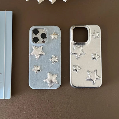 【スターシルバー】メタリック 星柄 × デニムスマホケース｜iPhone対応 #250129