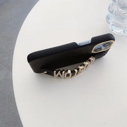 【カスタムシリーズ】名入れOK✨ ラインストーン レザー調 スマホケース｜iPhone対応 #250705