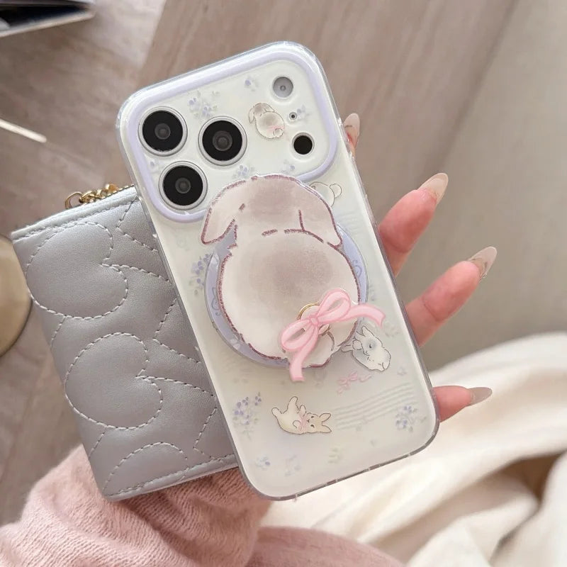うさぎグリップ 小花×パープル クリア Magnet内蔵 iPhoneケース｜淡色・透明感 #260016