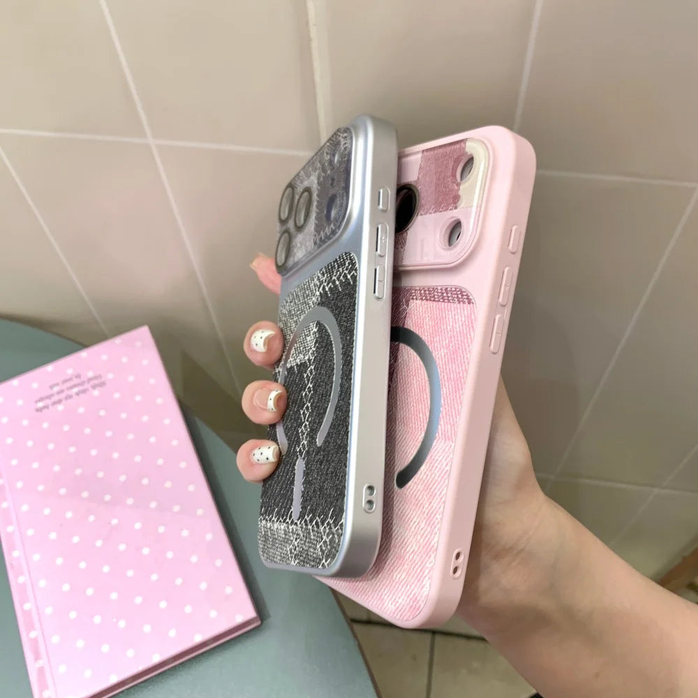 ツイード風 パッチワークデザイン Magnet内蔵 iPhoneケース #230724
