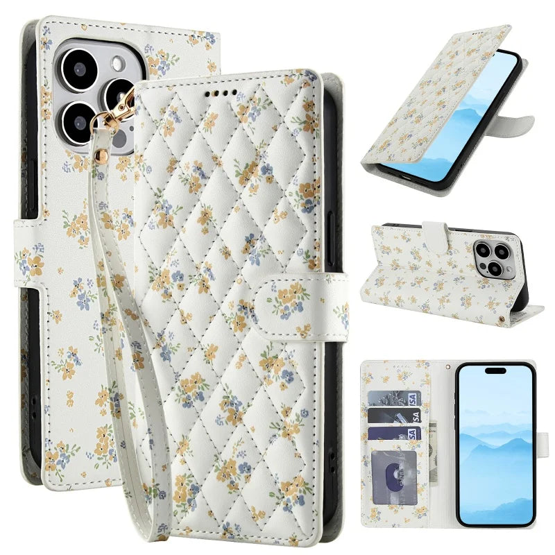 【ブックスタイル】花柄 フラワーキルティング ストラップ付き 手帳型 iPhoneケース｜カード収納 ショルダー対応 #240110