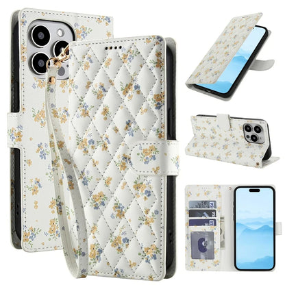 【ブックスタイル】花柄 フラワーキルティング ストラップ付き 手帳型 iPhoneケース｜カード収納 ショルダー対応 #240110