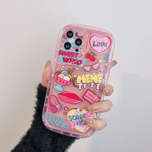 【ポップキュート Y2K】ステッカー風 デザイン ピンククリアケース｜iPhone対応 #250713