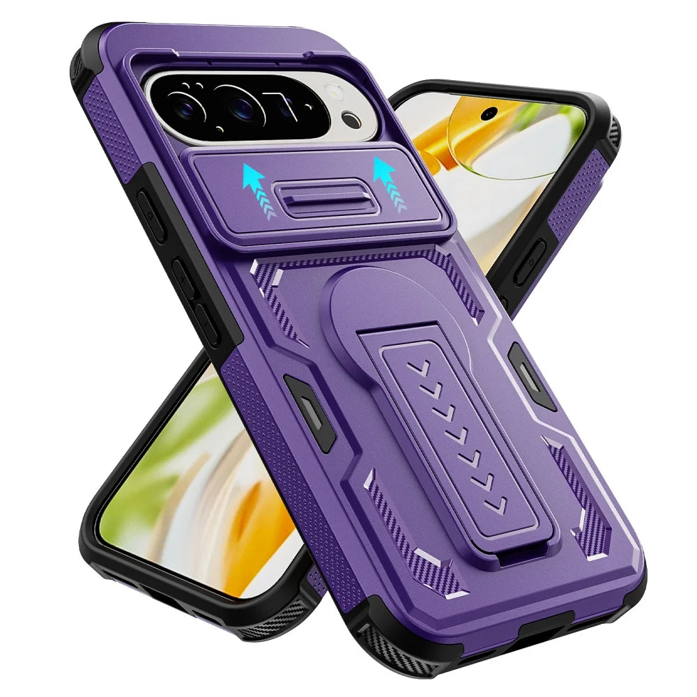 【Google Pixel対応】カーボン調 カメラスライダー付きスタンド耐衝撃ケース シンプル マット スマホケース PCA #261111