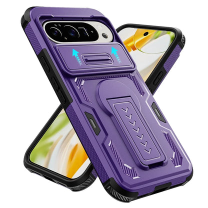 【Google Pixel対応】カーボン調 カメラスライダー付きスタンド耐衝撃ケース シンプル マット スマホケース PCA #261111