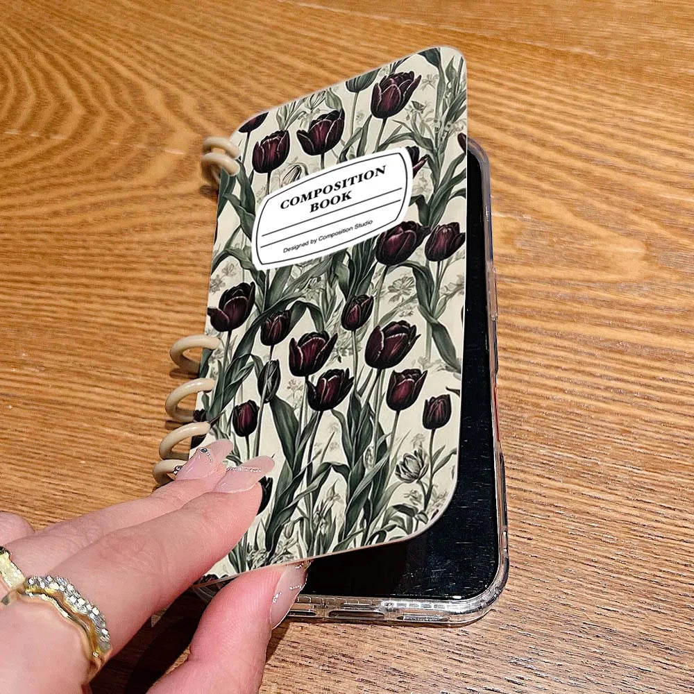 【ブックスタイル】リングノート風 フラワー チューリップデザイン 手帳型 iPhoneケース #240202