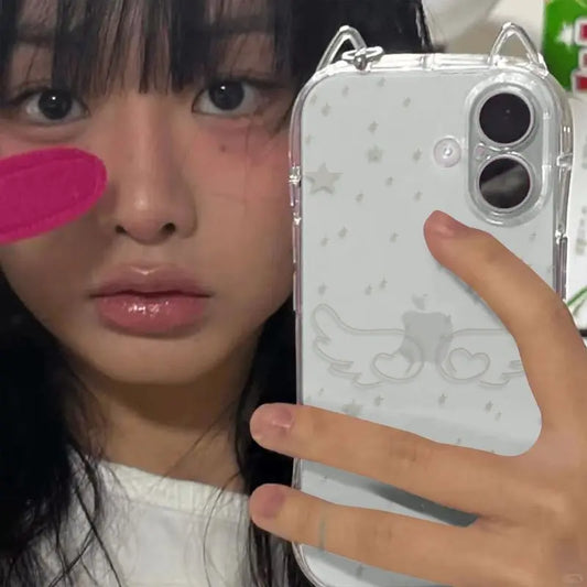 【猫耳シリーズ】 エンジェル クリア iPhoneケース｜羽モチーフ・ソフトTPU #240214