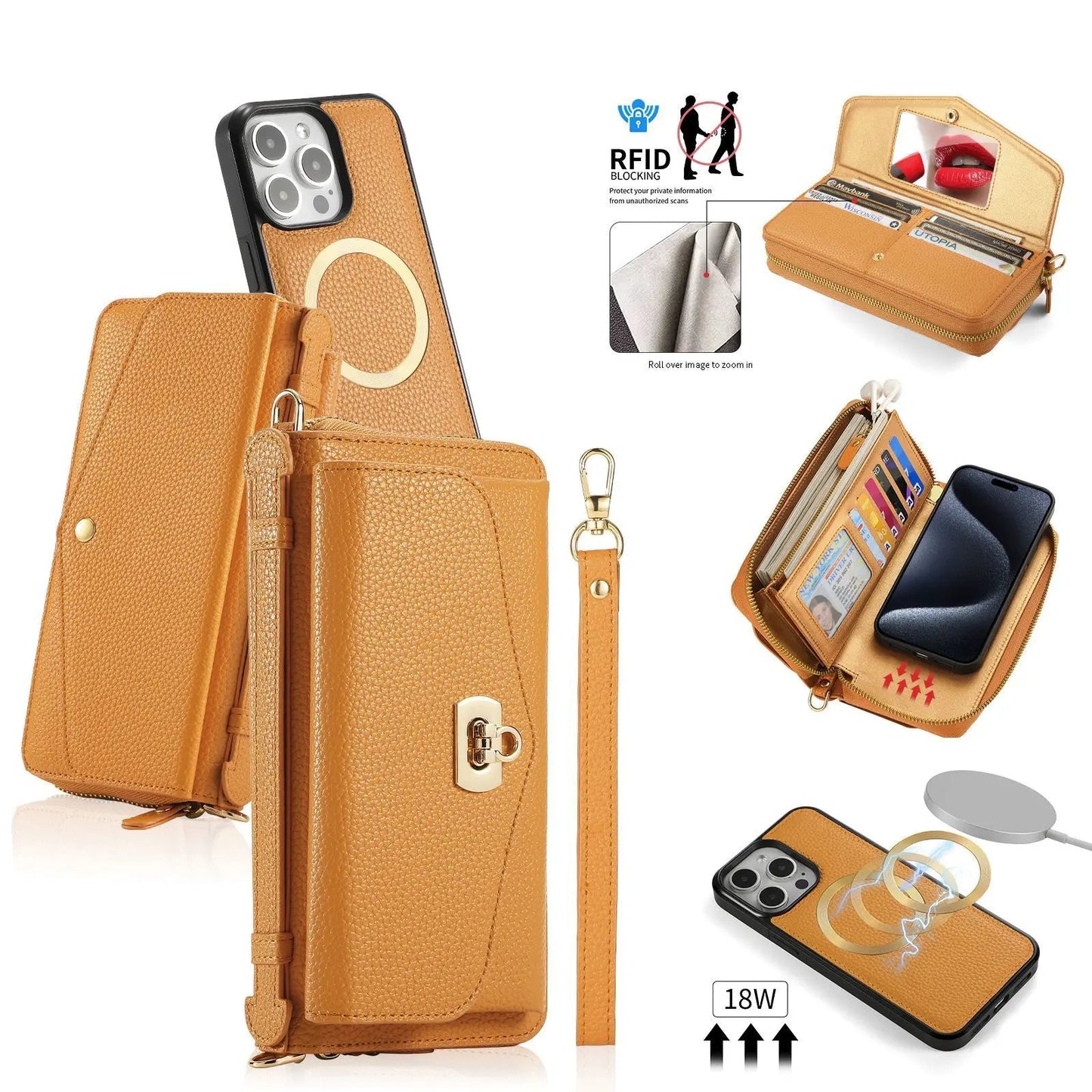 【ウォレットスタイル】財布一体型 分離式レザー調 ブックスタイル 手帳型 iPhoneケース｜ラウンドファスナー・ショルダー対応 #240204