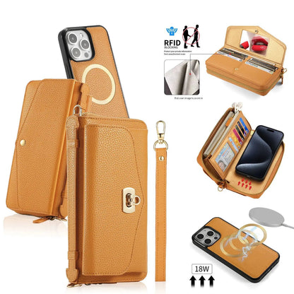 【ウォレットスタイル】財布一体型 分離式レザー調 ブックスタイル 手帳型 iPhoneケース｜ラウンドファスナー・ショルダー対応 #240204