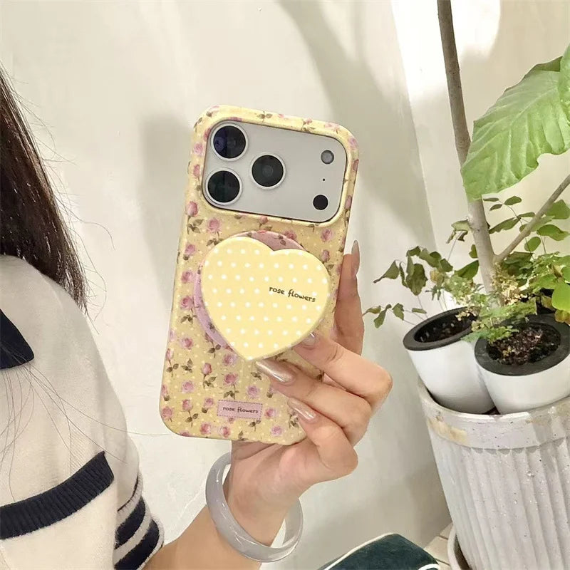 ハートグリップ イエロー花柄 Magnet内蔵 iPhoneケース｜淡色レトロ・大人かわいい #260027