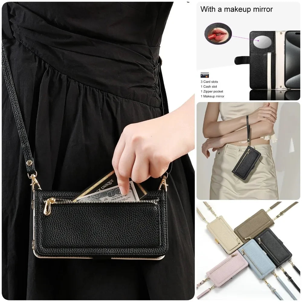 【ブックスタイル】レザー調 財布一体型 手帳型 iPhoneケース｜ファスナー収納・ミラー付き #240201