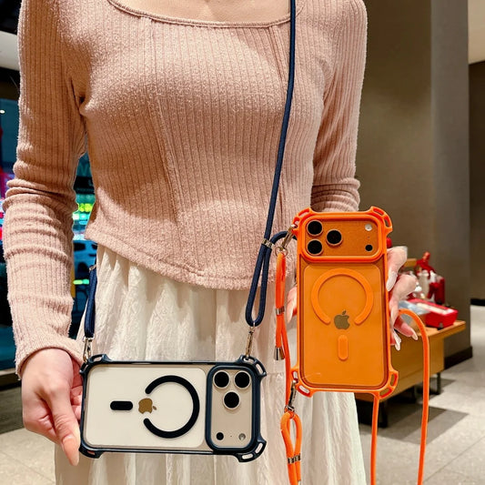 タフデザイン ロングストラップ付 耐衝撃 Magnet内蔵 クリア iPhoneケース #231109