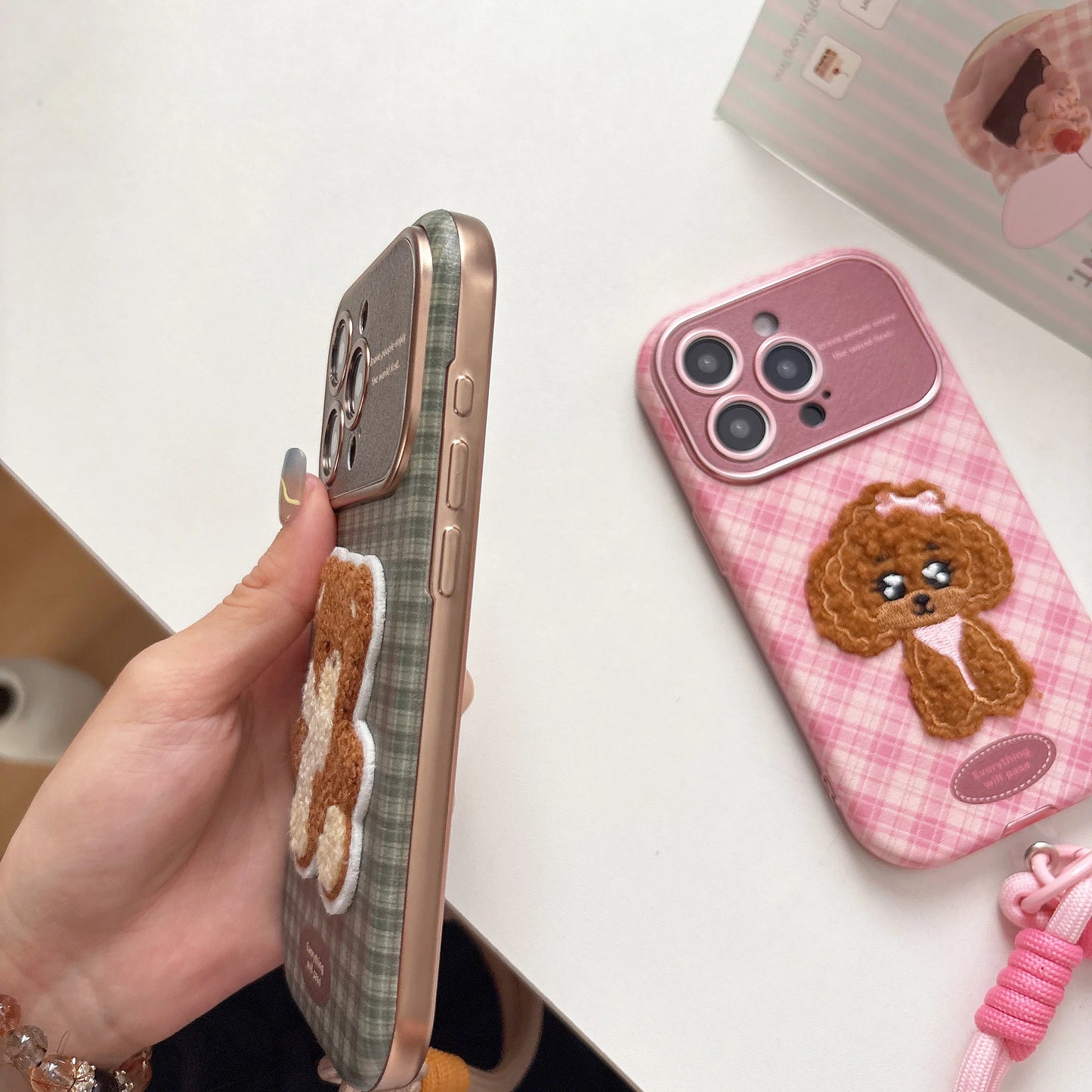 【テディチェック】くま＆プードル刺繍 チェックスマホケース｜iPhone対応 #241231