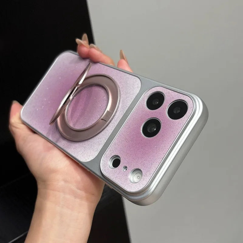 【グラデーション】ラメ シルバーフレーム リングスタンド Magnet内蔵 iPhoneケース グリッター PCA #261283　