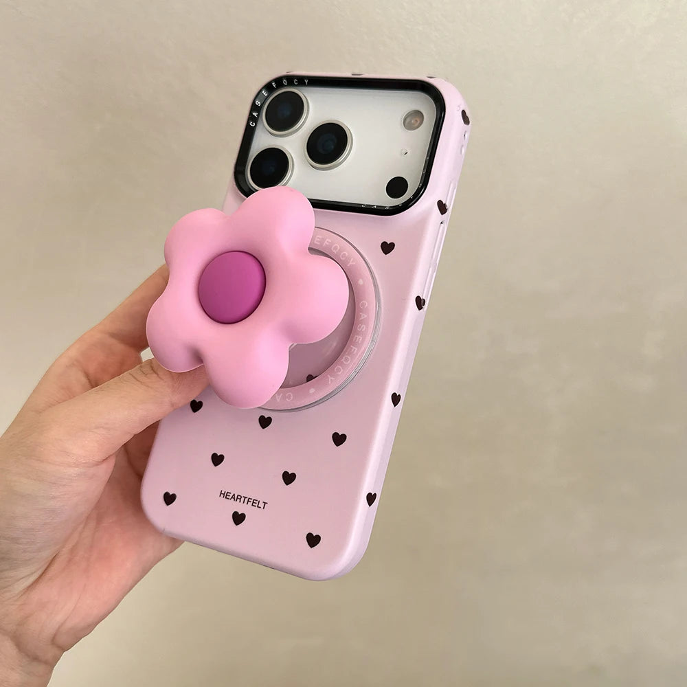 【フラワーハートグリップ】ハートドット×立体フラワーグリップ スマホケース｜iPhone対応 #250330