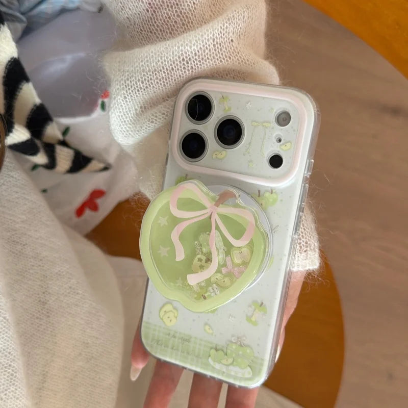 リボン グリーンアップル Magnet内蔵 りんごグリップ付き クリア iPhoneケース #231126