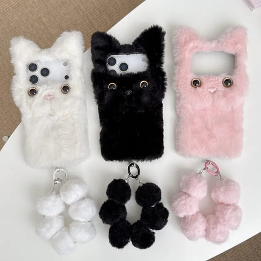 【キャットファーポンポン】ねこ耳 × ふわもこファー スマホケース｜iPhone対応 #250109