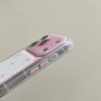 【ピンクギンガムチェック】リボン柄 折りたたみ式ホルダー付き スマホケース｜iPhone対応 #240622