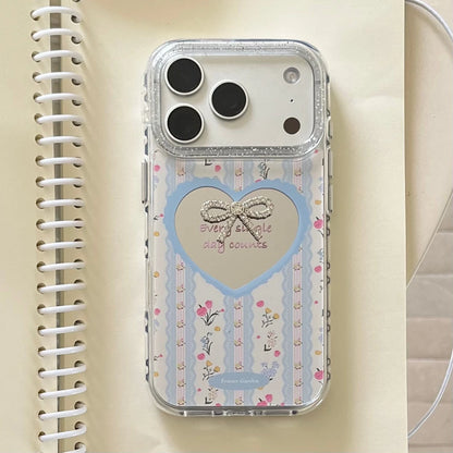 【小花柄】iPhoneケース ハートミラー × ビジューリボン ガーリー ブルーストライプ  フラワー #231024