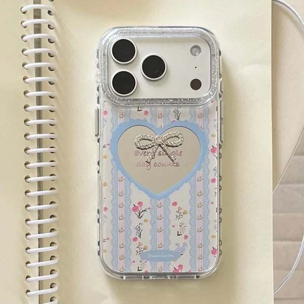 【小花柄】iPhoneケース ハートミラー × ビジューリボン ガーリー ブルーストライプ  フラワー #231024