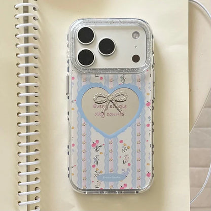 【小花柄】iPhoneケース ハートミラー × ビジューリボン ガーリー ブルーストライプ  フラワー #231024