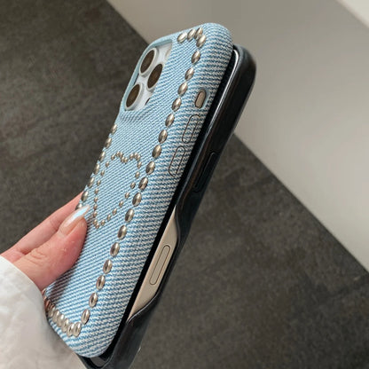 【ハートスタッズシリーズ】レザー・デニム調 シルバー スタッズ スマホケース｜iPhone対応 #251205