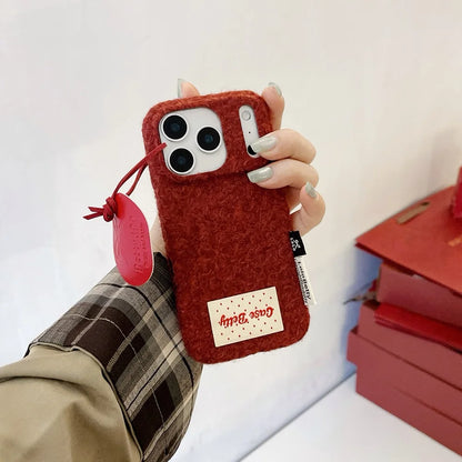 【ふわもこボア素材】リボン タグ付き 韓国風スマホケース｜iPhone対応 #250117