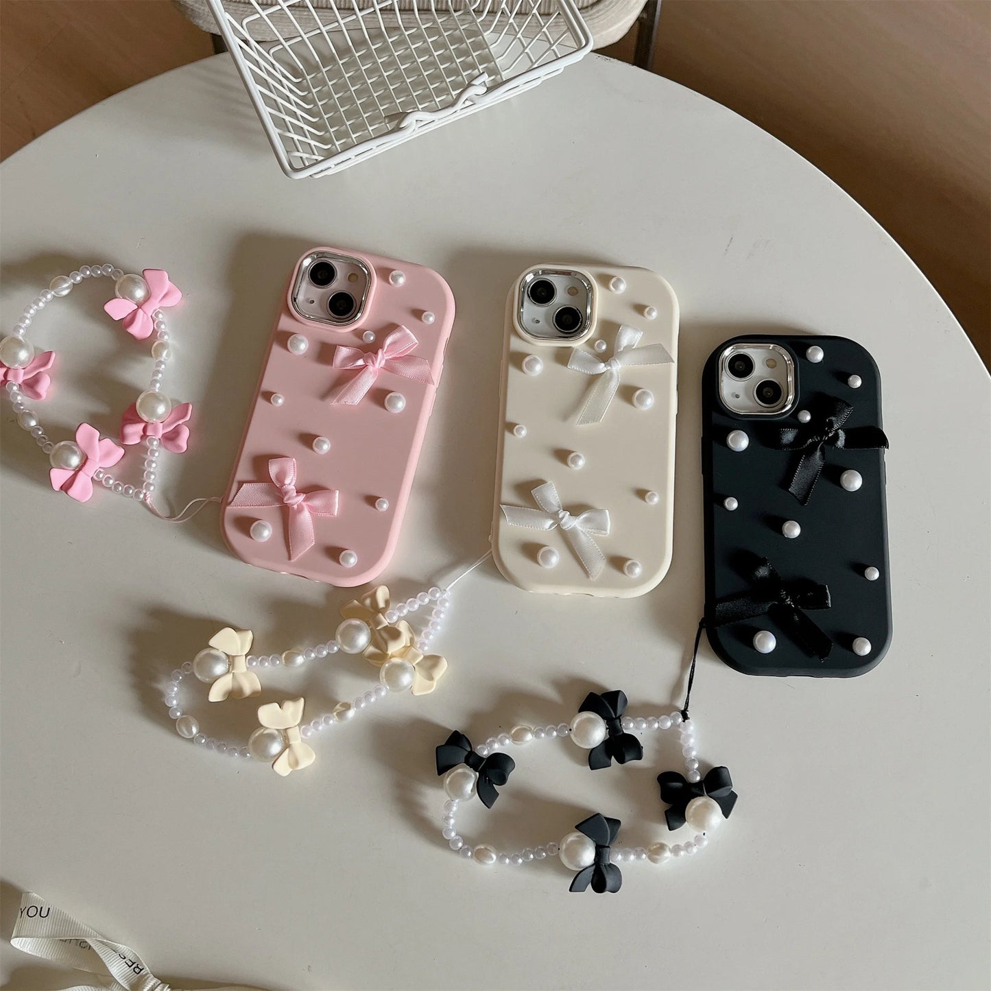【パールリボン】立体リボン＆パール ストラップ付き デコスマホケース｜iPhone対応 #250727