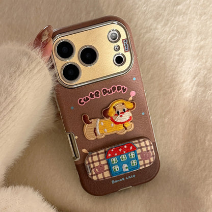 【HAPPYアニマルシリーズ】ヘッドホン わんこ ネコ 刺繍 × ふんわりガーリー ソフトレザー調ケース｜iPhone対応 #240826