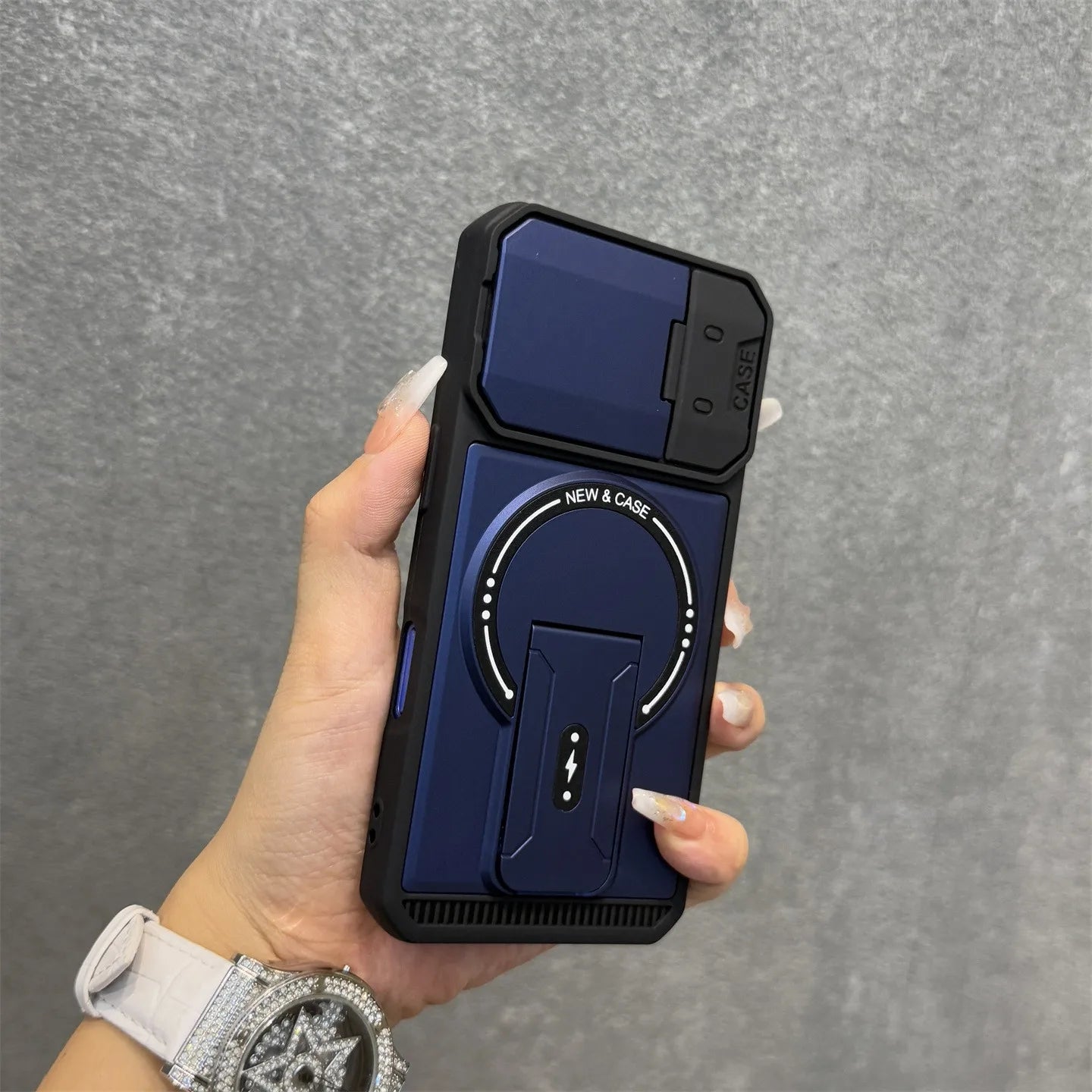 耐衝撃 iPhoneケース カメラカバー付き マグネット式リングスタンド 落下防止 スマホスタンド機能搭載 シンプルブラック｜iPhone対応 #250411
