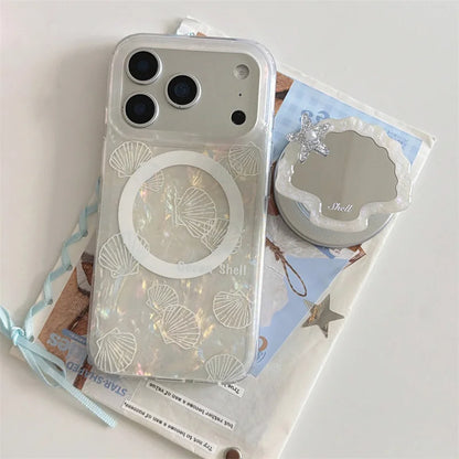 シェルグリップ 貝殻 ミラー Magnet内蔵 iPhoneケース｜ホワイトオーロラデザイン #230706