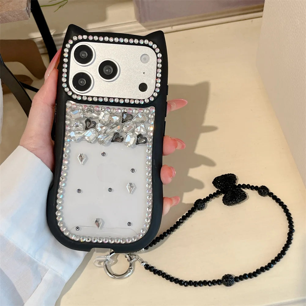 猫耳シリーズ キラキラ リボン ビジューストラップ付き カラーフレーム クリア iPhoneケース #230721