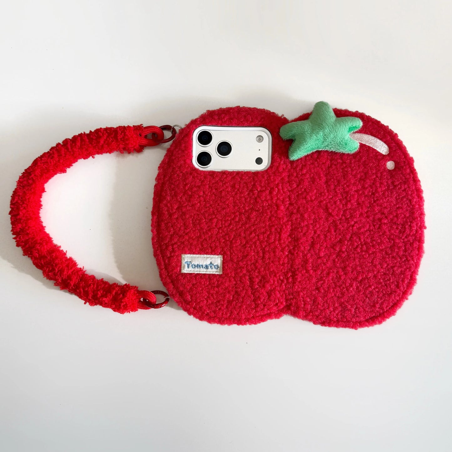 【もこもこ手帳型デザイン】フルーツ トマト ハンドルストラップ付き iPhoneケース #240611