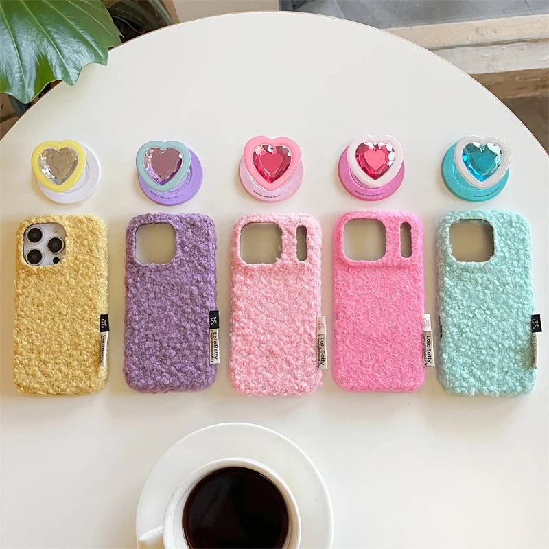 【Magsafe対応】立体ハートジュエルポップソケット × もこもこファー スマホケース｜iPhone対応 #241214