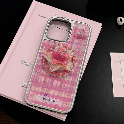 【Magnet対応】ピンクチェック スターチェリー × シルバーフレーム スマホケース｜iPhone対応 #240822