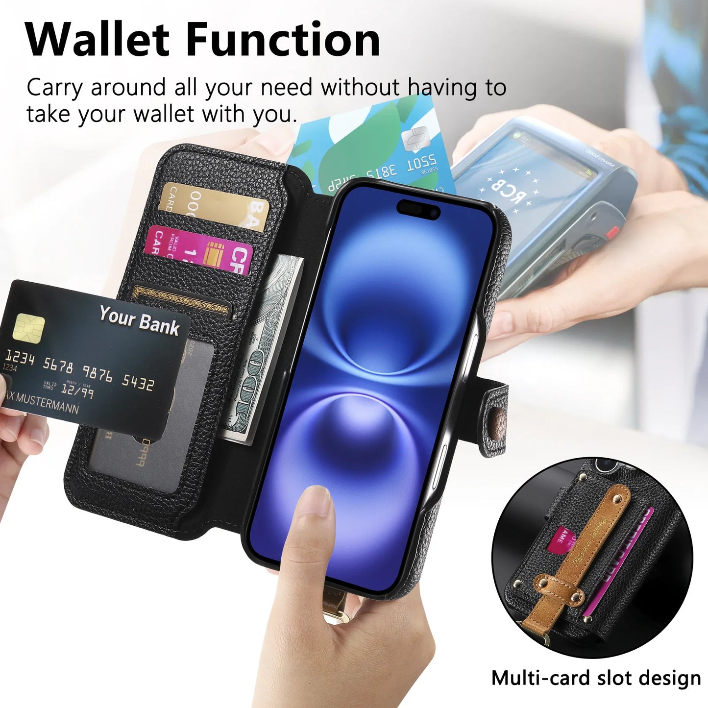 【ブックスタイル】キーリング付き レザー調 財布一体型 手帳型 iPhoneケース｜ファスナー収納・多色展開 #240128