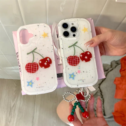 【フルーツシリーズ】赤チェック＆星柄チェリー ポップデザイン クリアスマホケース｜iPhone対応 #251008
