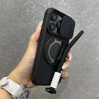 【耐衝撃シリーズ】カメラレンズカバー付き 折りたたみリングスタンド ストラップ付き スマホケース｜iPhone対応 #251226