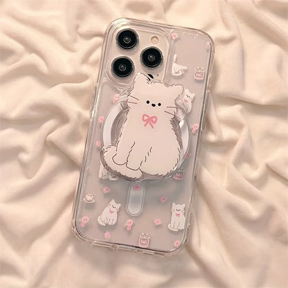 リボンねこイラスト クリアデザイン Magnet内蔵 グリップ付き iPhoneケース #240120