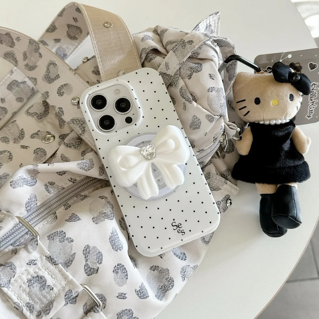 【Magnet内蔵】ドット × 3D リボングリップ ガーリー スマホケース｜iPhone対応 #241003