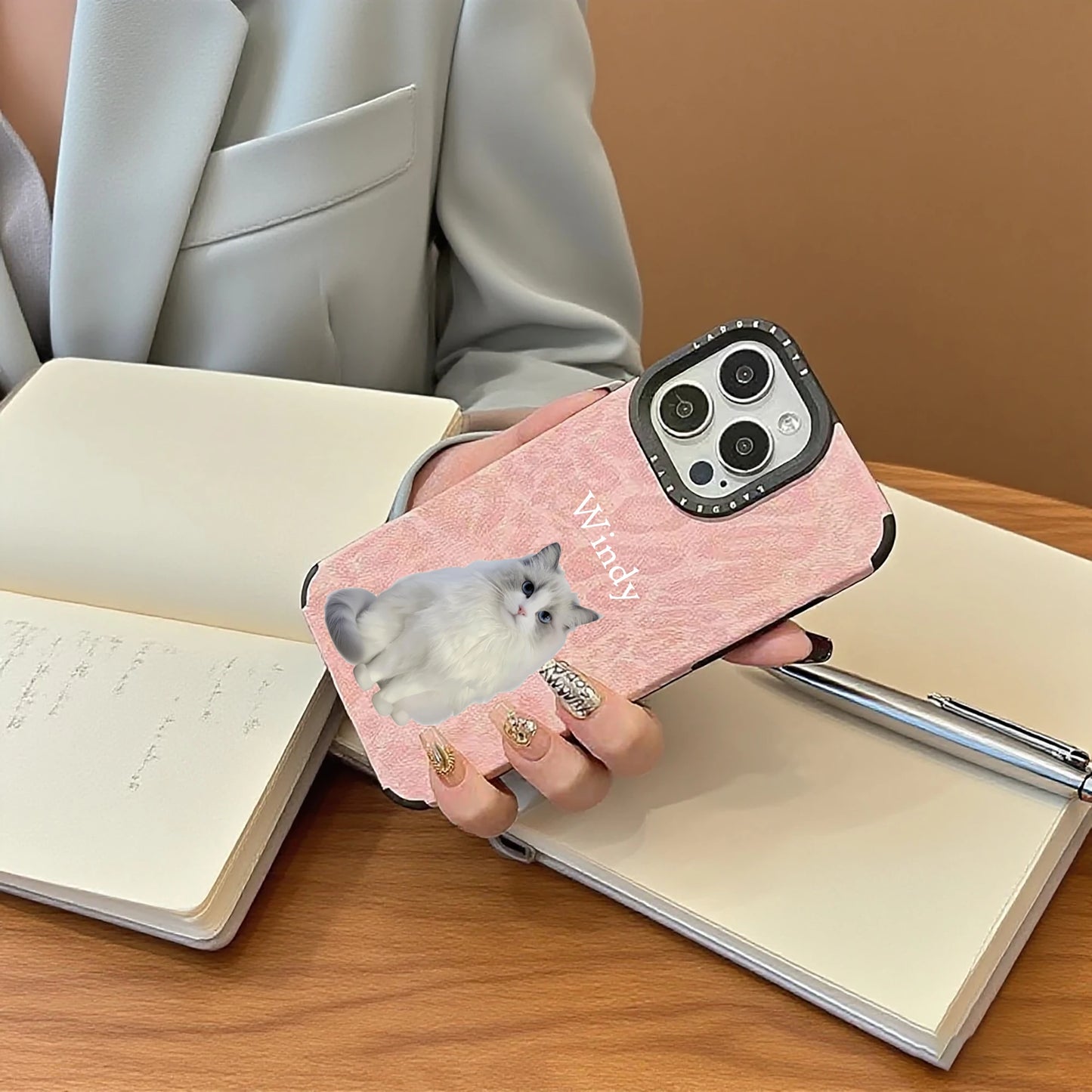 【カスタムNAMEシリーズ】ペット写真 × カスタム ネーム 印字 ピンクレオパード スマホケース｜iPhone対応 #241006