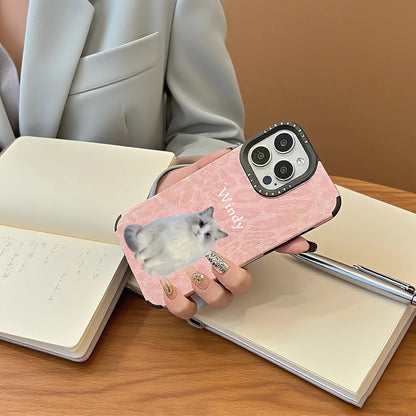 【カスタムNAMEシリーズ】ペット写真 × カスタム ネーム 印字 ピンクレオパード スマホケース｜iPhone対応 #241006