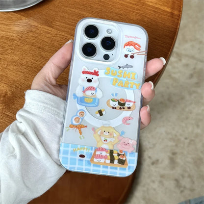 【Magnet内蔵】SUSHI PARTY スマホケース｜ゆるかわ 寿司 グリップ付き｜iPhone対応 #241202