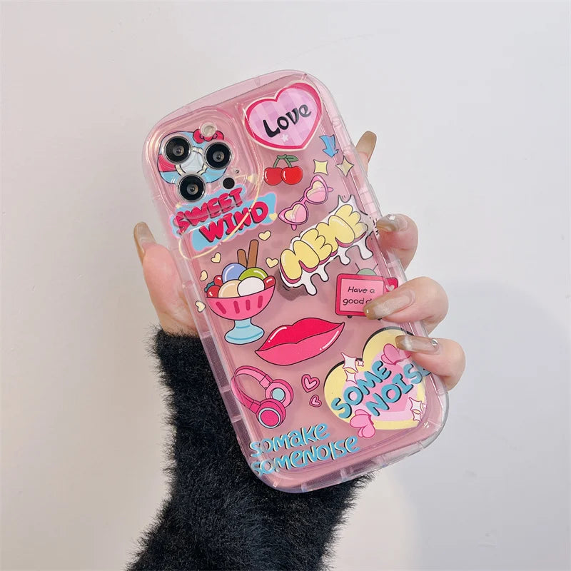 【ポップキュート Y2K】ステッカー風 デザイン ピンククリアケース｜iPhone対応 #250713