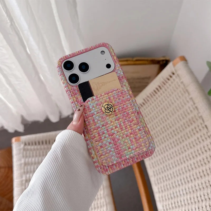 ツイード調 カメリアボタン カードポケット付き iPhoneケース｜上品エレガント・高見え #260012