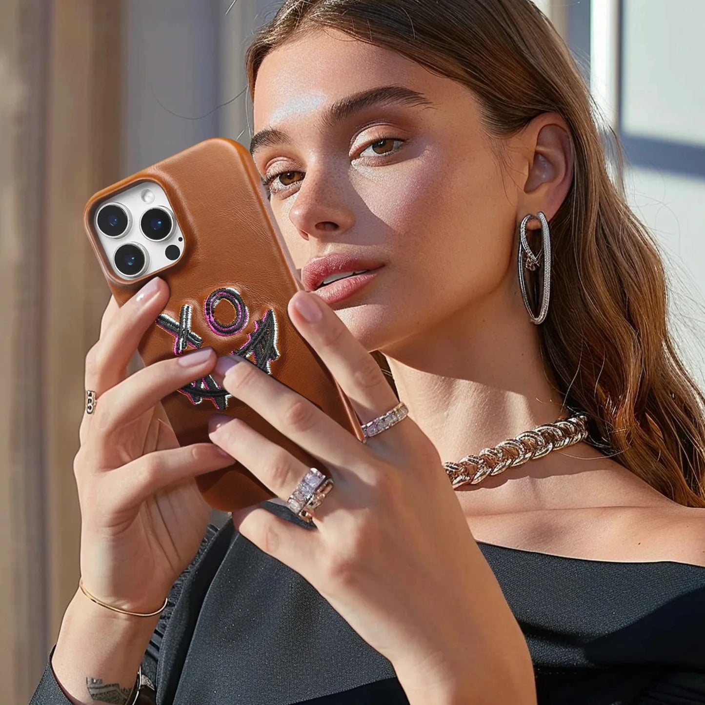 【本革シリーズ】艶あり スムースレザー スマイル ステッチケース｜iPhone対応 #240831